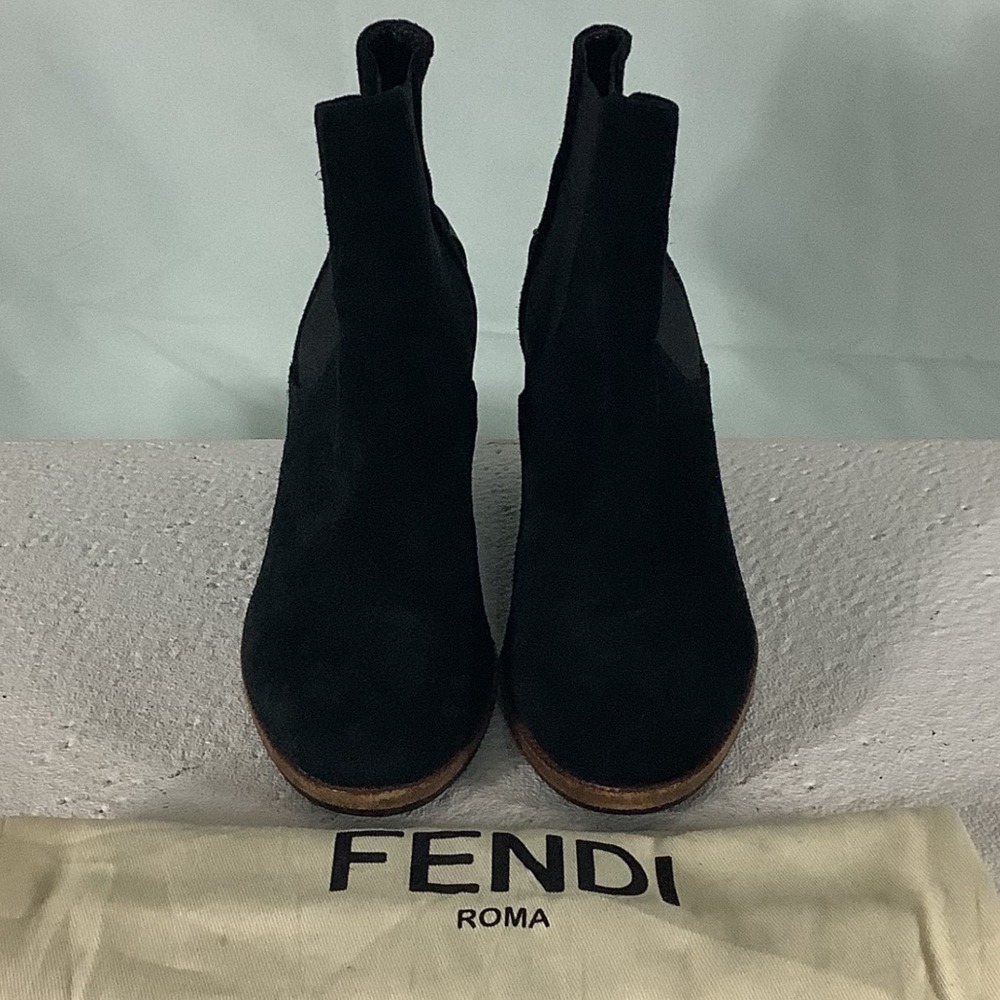 Fendi Roma Black Suede Wedge Chelsea Ankle Boots Logo Heel IT 37.5 US 7.5